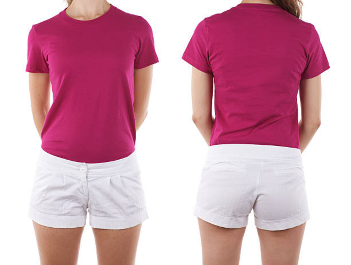 front and rear view of woman wearing blank shirt